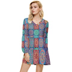 Mandala Art Tiered Long Sleeve Mini Dress by nateshop