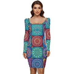 Mandala Art Women Long Sleeve Ruched Stretch Jersey Dress by nateshop