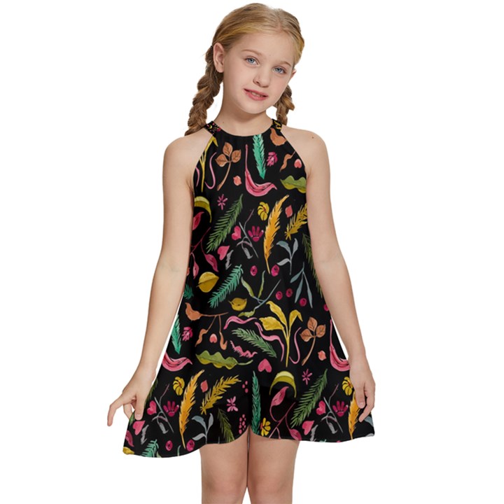 Palm Kids  Halter Collar Waist Tie Chiffon Dress