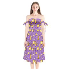 Pattern-purple-cloth Papper Pattern Shoulder Tie Bardot Midi Dress