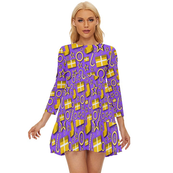 Pattern-purple-cloth Papper Pattern Long Sleeve Babydoll Dress