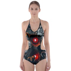 Abstract Flora Floral Flower Pattern Cut-out One Piece Swimsuit by Wegoenart