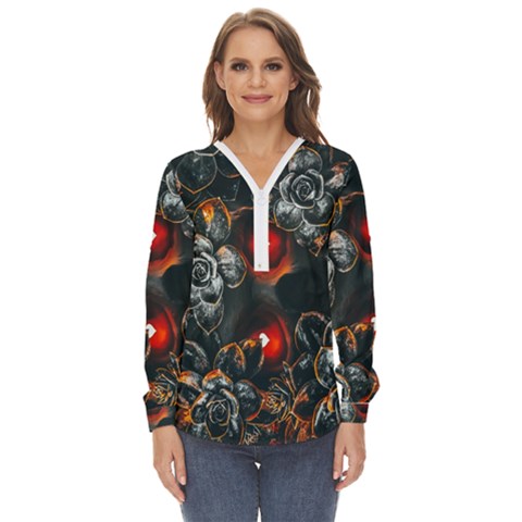 Abstract Flora Floral Flower Pattern Zip Up Long Sleeve Blouse by Wegoenart