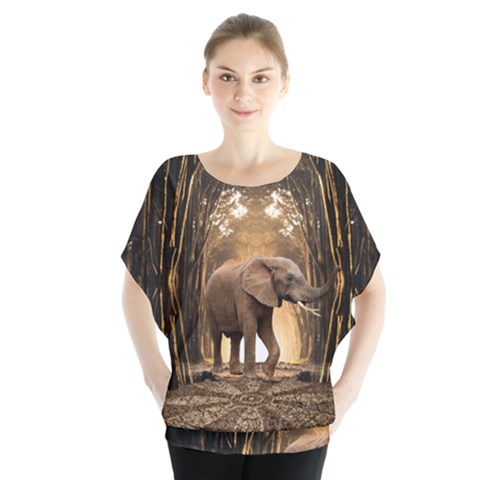 Sculpture Travel Outdoor Nature Elephant Batwing Chiffon Blouse by Wegoenart