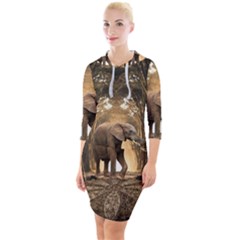 Sculpture Travel Outdoor Nature Elephant Quarter Sleeve Hood Bodycon Dress by Wegoenart