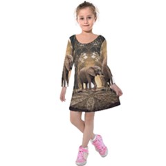 Sculpture Travel Outdoor Nature Elephant Kids  Long Sleeve Velvet Dress by Wegoenart