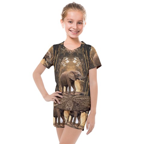 Sculpture Travel Outdoor Nature Elephant Kids  Mesh Tee And Shorts Set by Wegoenart