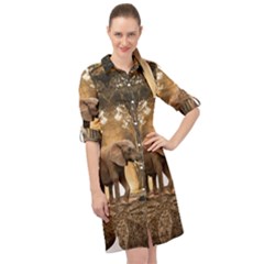 Sculpture Travel Outdoor Nature Elephant Long Sleeve Mini Shirt Dress by Wegoenart