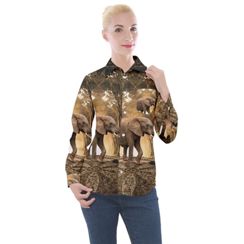 Sculpture Travel Outdoor Nature Elephant Women s Long Sleeve Pocket Shirt by Wegoenart