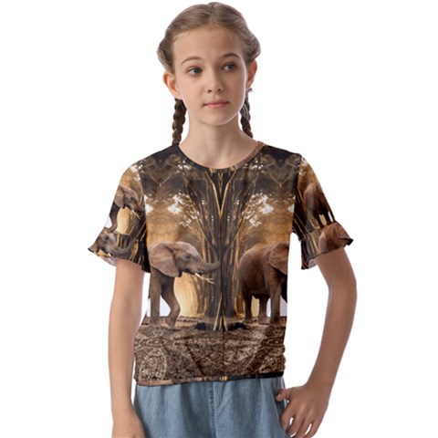 Sculpture Travel Outdoor Nature Elephant Kids  Cuff Sleeve Scrunch Bottom Tee by Wegoenart