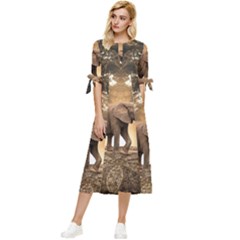 Sculpture Travel Outdoor Nature Elephant Bow Sleeve Chiffon Midi Dress by Wegoenart