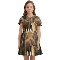 Sculpture Travel Outdoor Nature Elephant Kids  Bow Tie Puff Sleeve Dress by Wegoenart