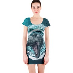 Dinosaur Sea Boat Fantasy Short Sleeve Bodycon Dress by Wegoenart