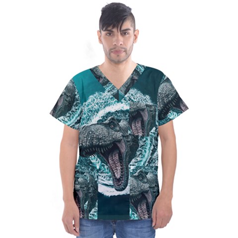 Dinosaur Sea Boat Fantasy Men s V-neck Scrub Top by Wegoenart