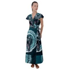 Dinosaur Sea Boat Fantasy Flutter Sleeve Maxi Dress by Wegoenart