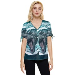 Dinosaur Sea Boat Fantasy Bow Sleeve Button Up Top by Wegoenart