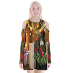 Christmas Tree And Presents Velvet Long Sleeve Shoulder Cutout Dress by artworkshop