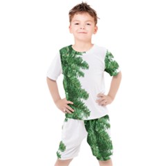 Green Christmas Tree Border Kids  Tee And Shorts Set by artworkshop