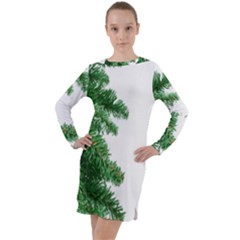 Green Christmas Tree Border Long Sleeve Hoodie Dress by artworkshop