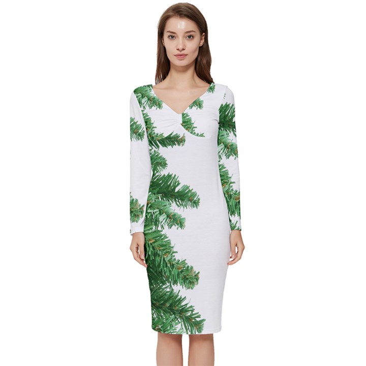 Green Christmas Tree Border Long Sleeve V-Neck Bodycon Dress 