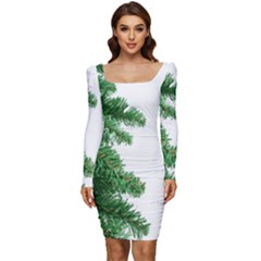 Green Christmas Tree Border Women Long Sleeve Ruched Stretch Jersey Dress by artworkshop