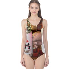 Merry Christmas - Santa Claus Holding Coffee One Piece Swimsuit by artworkshop