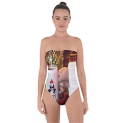 Merry Christmas - Santa Claus Holding Coffee Tie Back One Piece Swimsuit by artworkshop