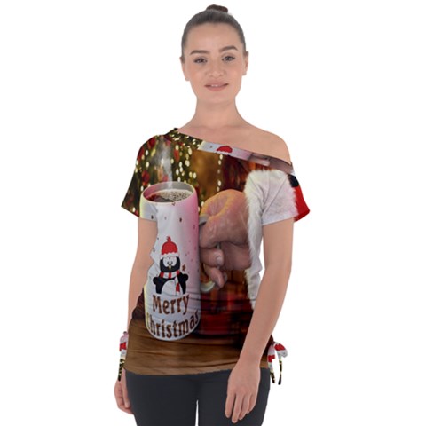 Merry Christmas - Santa Claus Holding Coffee Off Shoulder Tie-up Tee by artworkshop