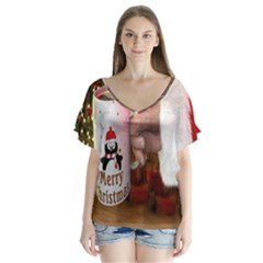 Merry Christmas - Santa Claus Holding Coffee V-neck Flutter Sleeve Top by artworkshop