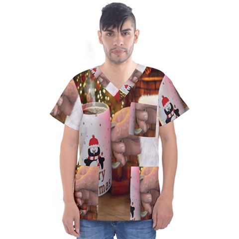 Merry Christmas - Santa Claus Holding Coffee Men s V-neck Scrub Top by artworkshop