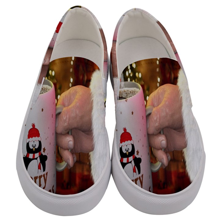 Merry Christmas - Santa Claus Holding Coffee Men s Canvas Slip Ons