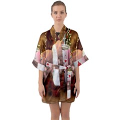 Merry Christmas - Santa Claus Holding Coffee Half Sleeve Satin Kimono  by artworkshop