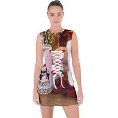 Merry Christmas - Santa Claus Holding Coffee Lace Up Front Bodycon Dress by artworkshop