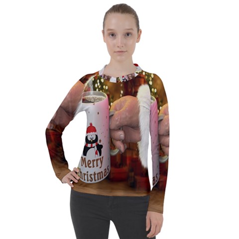 Merry Christmas - Santa Claus Holding Coffee Women s Pique Long Sleeve Tee by artworkshop