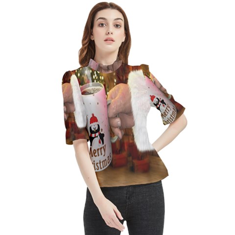 Merry Christmas - Santa Claus Holding Coffee Frill Neck Blouse by artworkshop