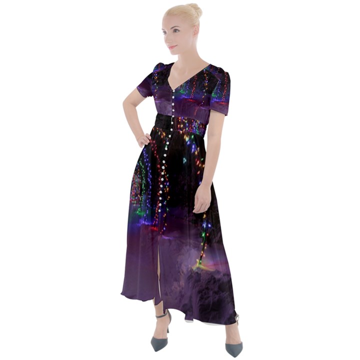 Outdoor Christmas Lights Tunnel Button Up Short Sleeve Maxi Dress