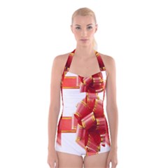 Red Ribbon Bow On White Background Boyleg Halter Swimsuit  by artworkshop