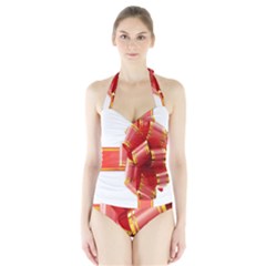 Red Ribbon Bow On White Background Halter Swimsuit by artworkshop