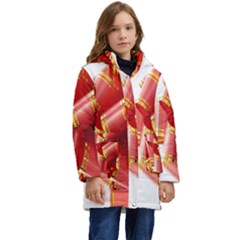 Red Ribbon Bow On White Background Kid s Hooded Longline Puffer Jacket by artworkshop