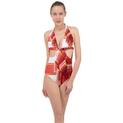 Red Ribbon Bow On White Background Halter Front Plunge Swimsuit by artworkshop