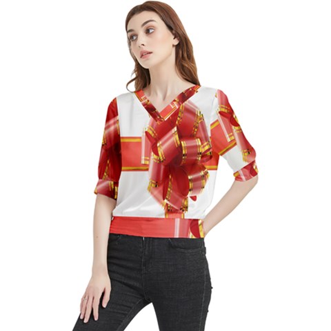 Red Ribbon Bow On White Background Quarter Sleeve Blouse by artworkshop