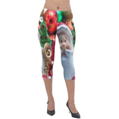 Red Santa Lightweight Velour Capri Leggings  by artworkshop