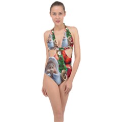 Red Santa Halter Front Plunge Swimsuit by artworkshop