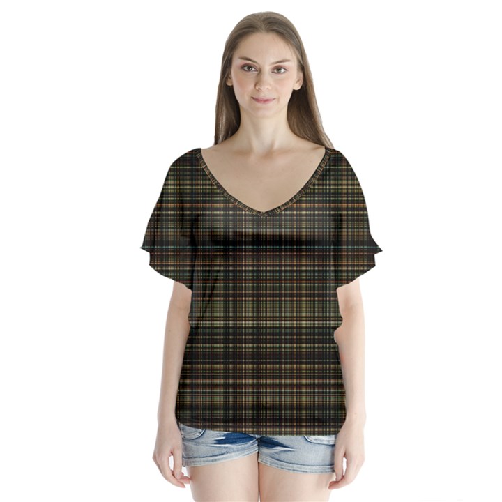 Plaid V-Neck Flutter Sleeve Top