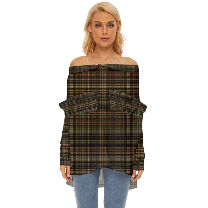 Plaid Off Shoulder Chiffon Pocket Shirt