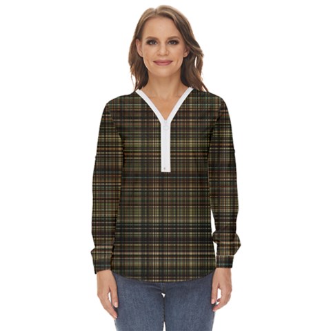 Plaid Zip Up Long Sleeve Blouse by nateshop