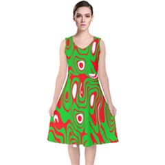 Red-green V-neck Midi Sleeveless Dress  by nateshop