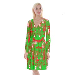 Red-green Long Sleeve Velvet Front Wrap Dress by nateshop