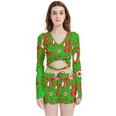 Red-green Velvet Wrap Crop Top And Shorts Set by nateshop