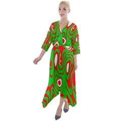 Red-green Quarter Sleeve Wrap Front Maxi Dress by nateshop